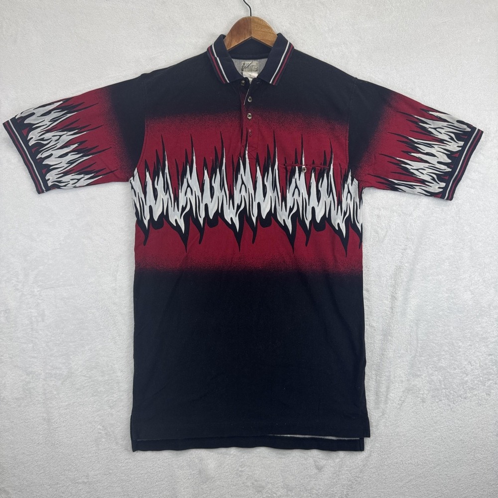 Express‎ Riders Polo Shirt Mens Medium Black Red Flame Graphic 100% Cotton